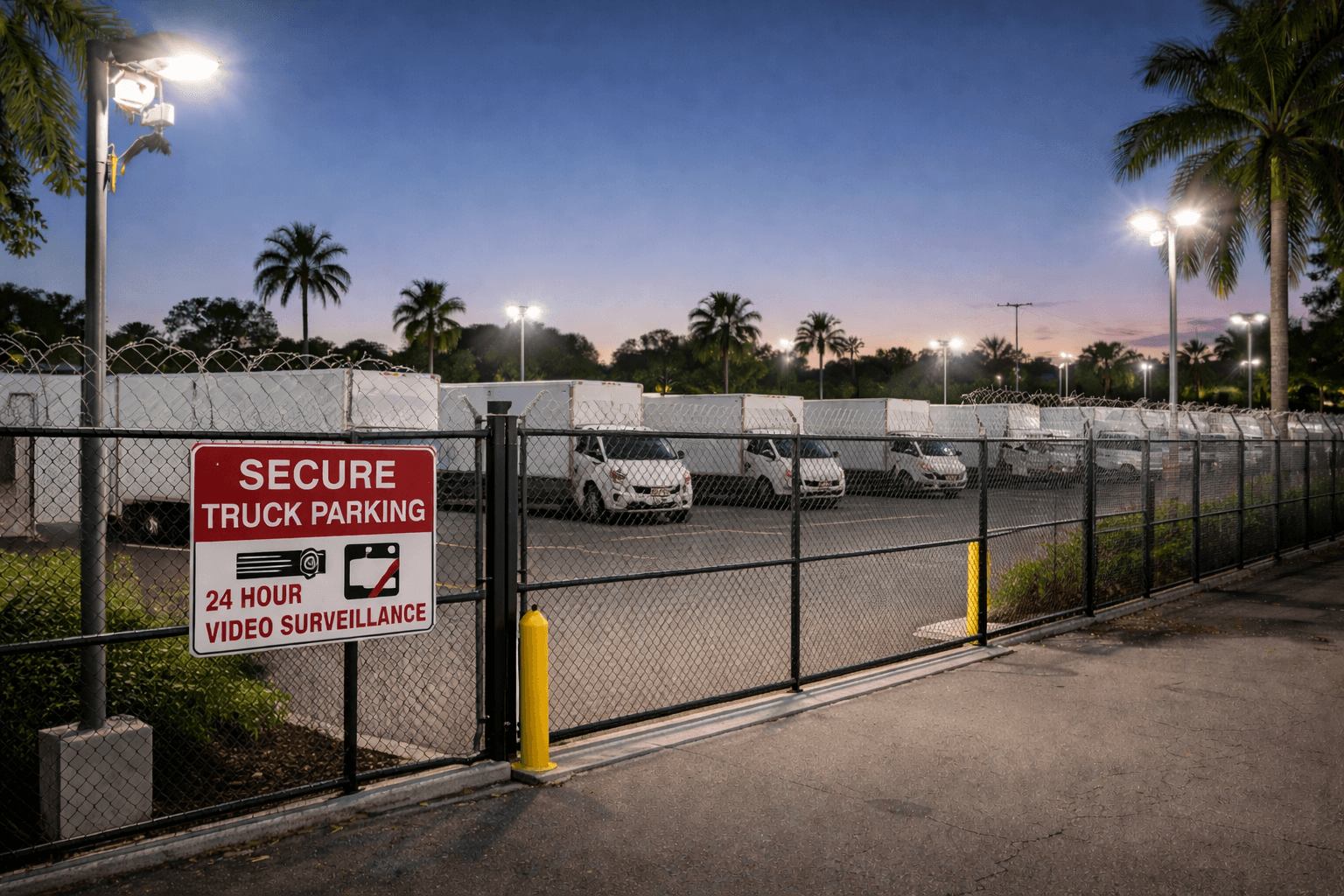 Secure gated commercial box truck parking lot in Hollywood, FL with cameras and lighting