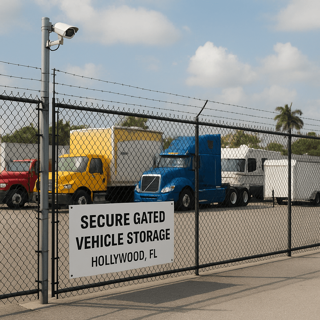 Secure gated vehicle storage facility in Hollywood, FL with trucks, RVs, and trailers parked behind fencing and surveillance cameras.