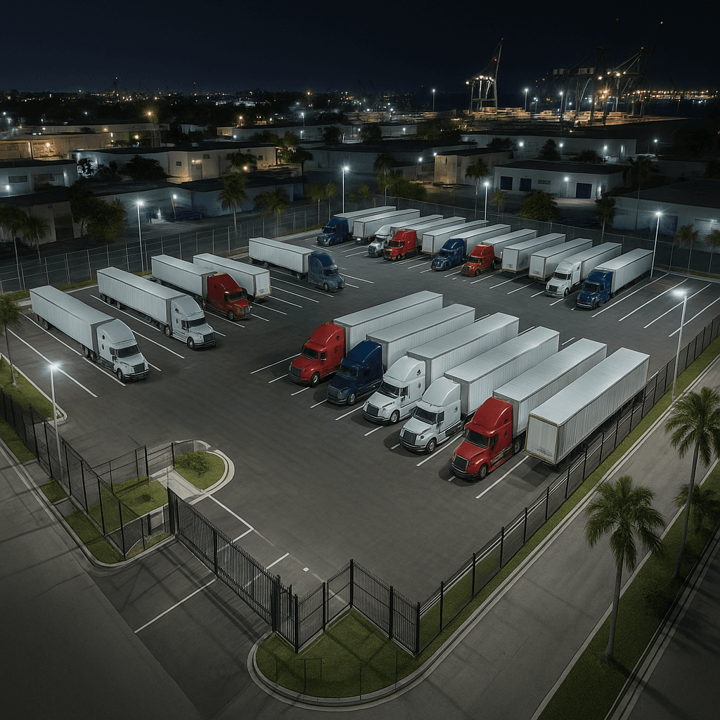 Aerial view of a secure, well-lit truck parking facility in Riviera Beach near the Port of Palm Beach.
