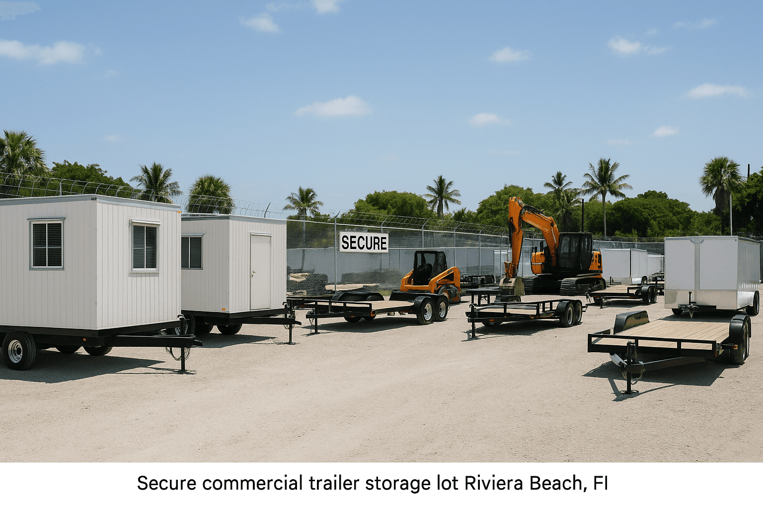 Secure commercial trailer storage lot in Riviera Beach with construction trailers and equipment neatly parked.