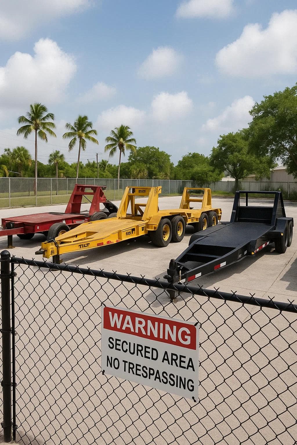 Secure heavy equipment trailers parked in a gated storage yard in Riviera Beach, FL.