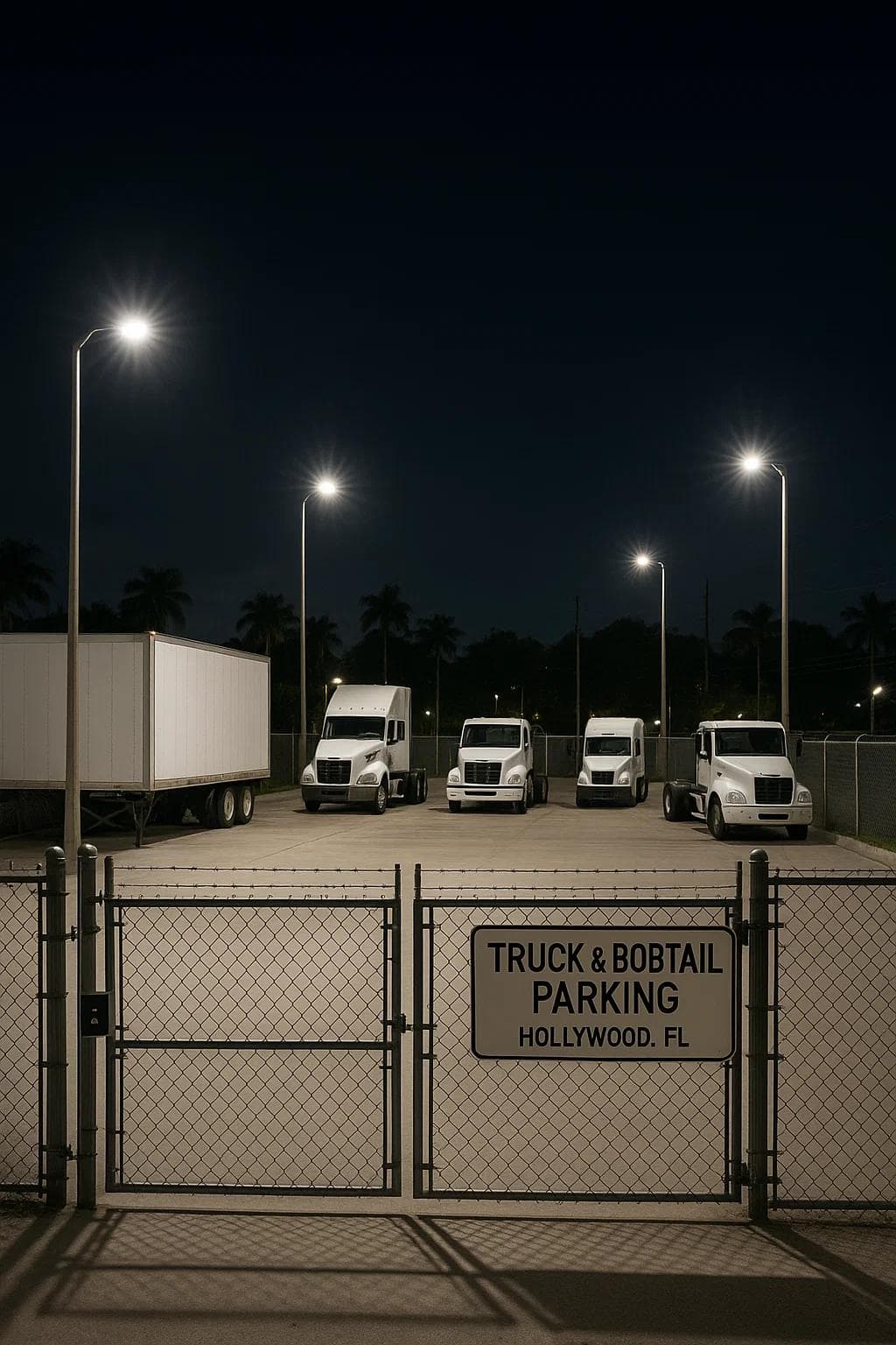 Secure, well-lit truck and bobtail parking lot in Hollywood, FL with gate access at night.