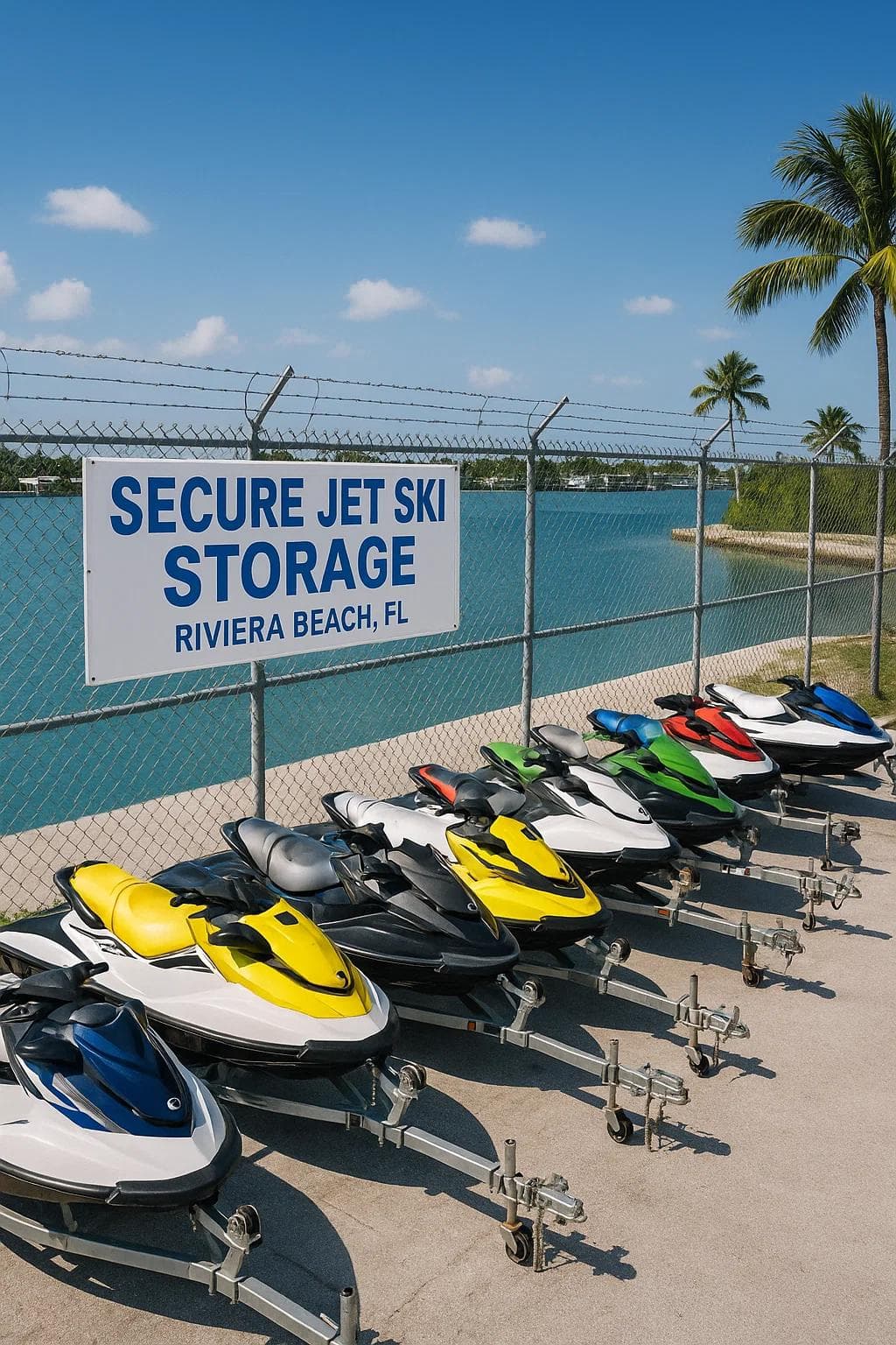 Secure jet ski and PWC storage facility in Riviera Beach, Florida with trailers parked near the water.