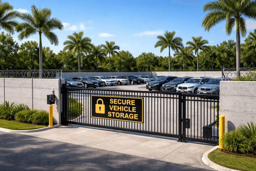 Secure outdoor vehicle storage facility with SUVs and crossovers parked behind a concrete wall and automated gate in Hollywood, Florida