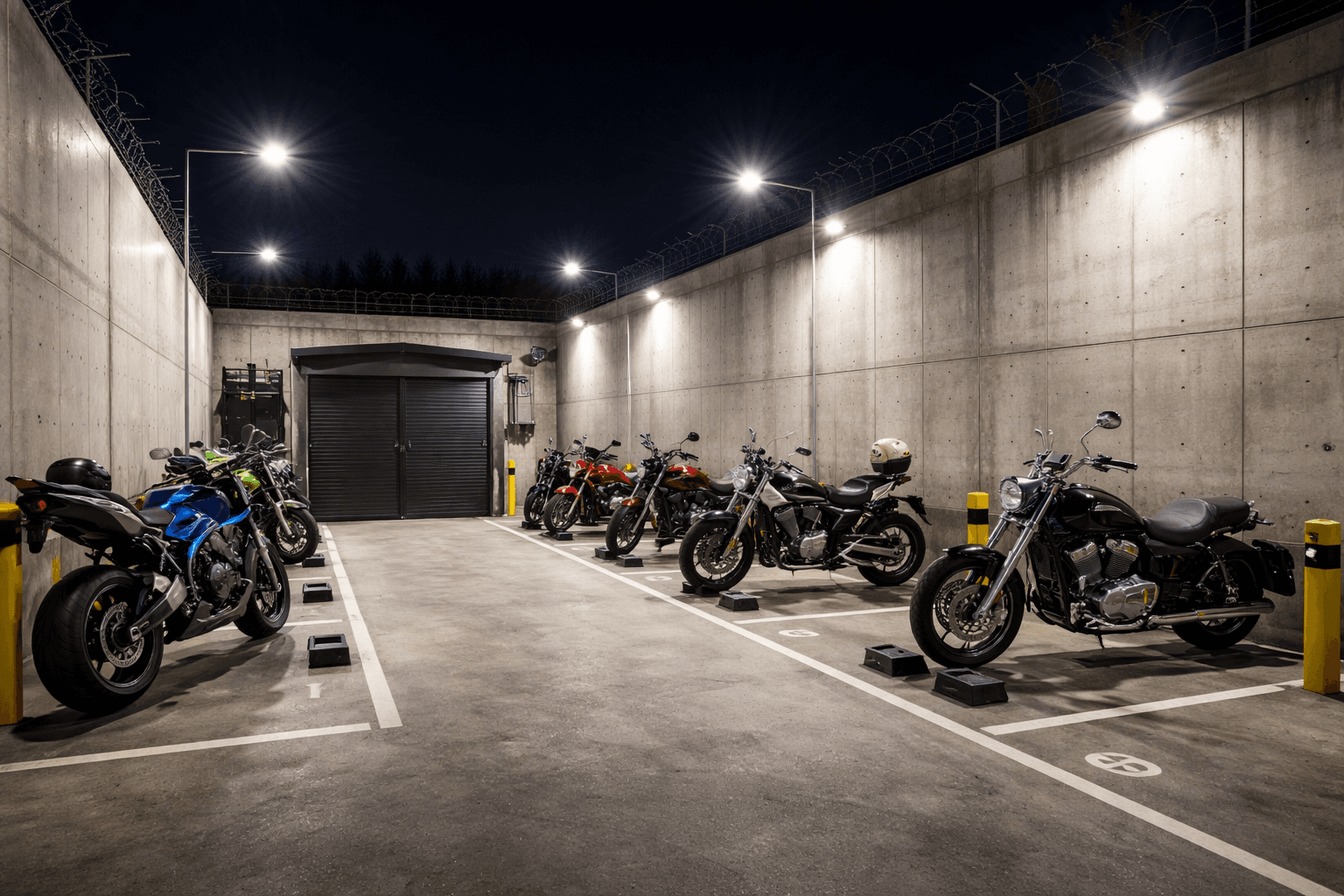 Secure outdoor motorcycle storage area with concrete wall, bright lighting, and motorcycles parked in designated spaces
