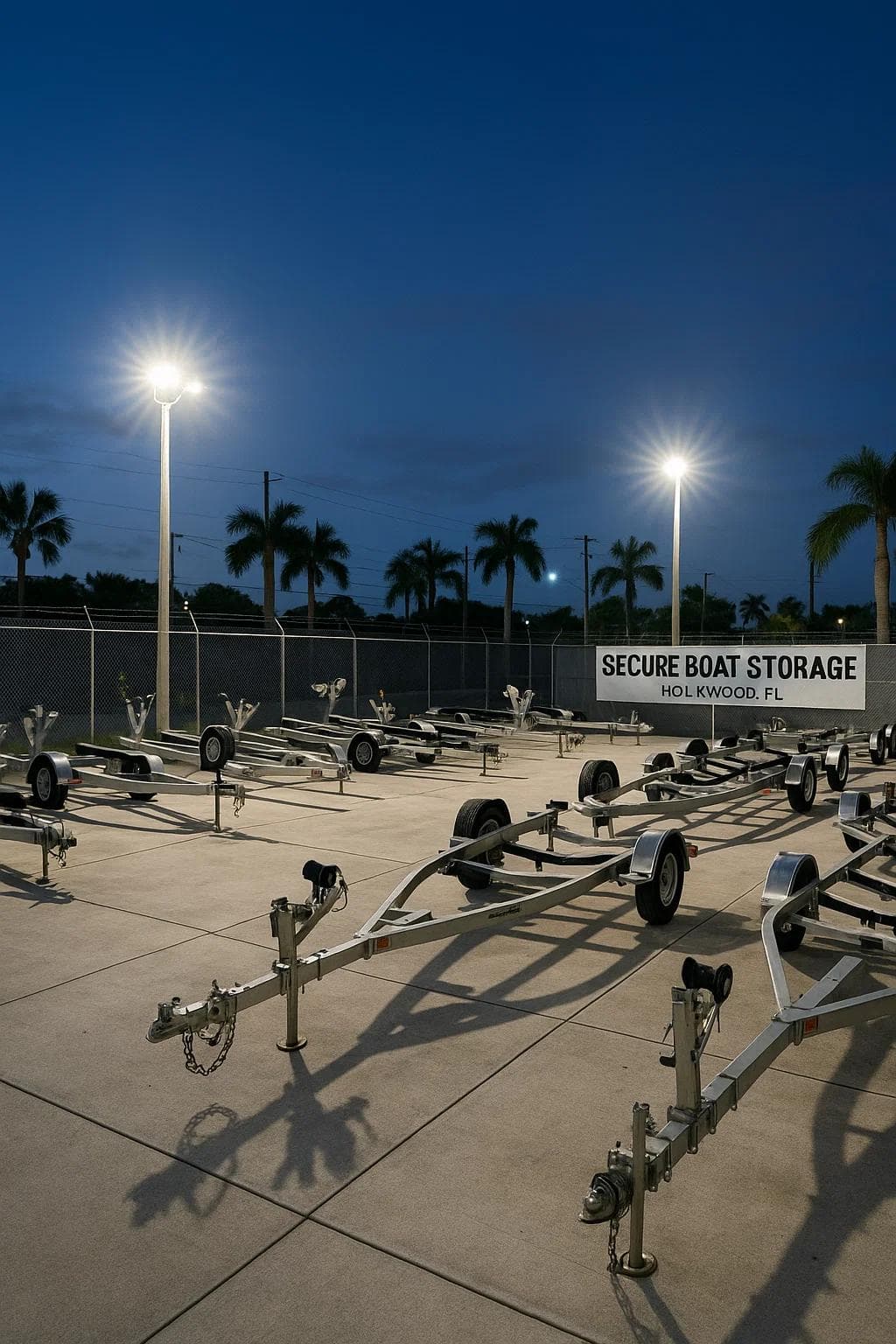 A secure boat storage lot in Hollywood, FL with trailers neatly parked and bright lighting for early morning access.