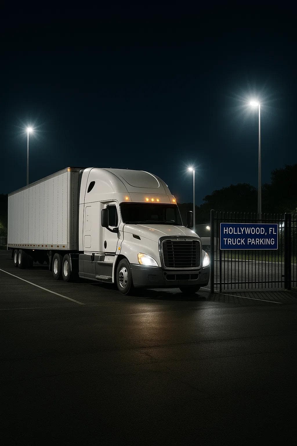 A large semi-truck parked at night in a well-lit, secure Hollywood, FL truck parking lot with a gated entrance.