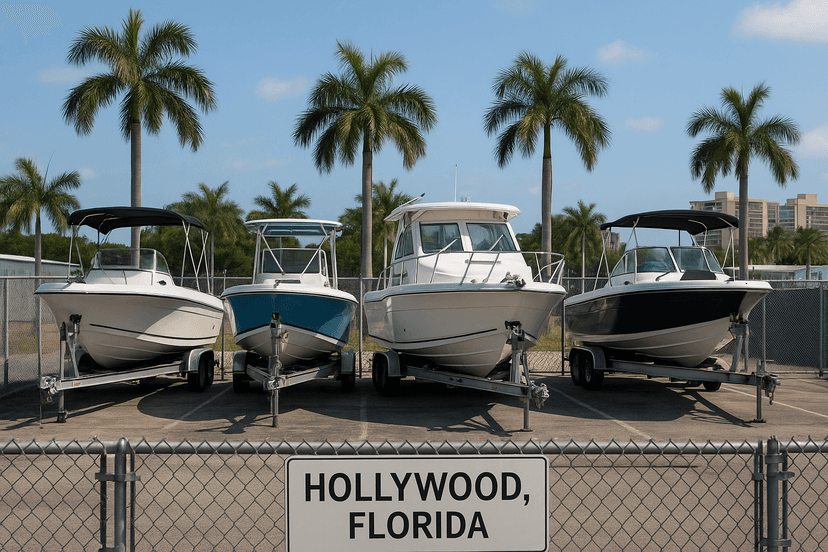 Boats on trailers stored securely in a gated Hollywood, Florida storage lot near the Intracoastal Waterway.