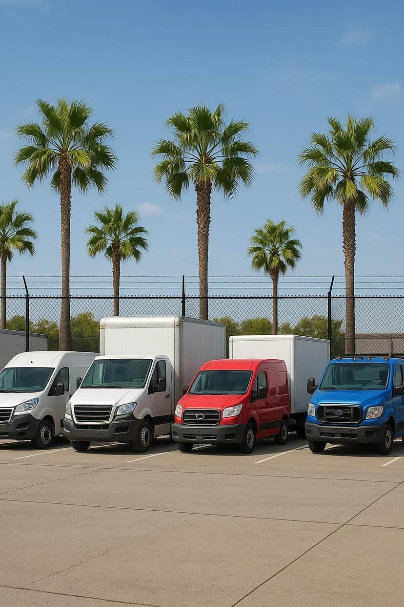 Secure commercial vehicle parking lot in Hollywood, FL with small business vans and trucks neatly lined up