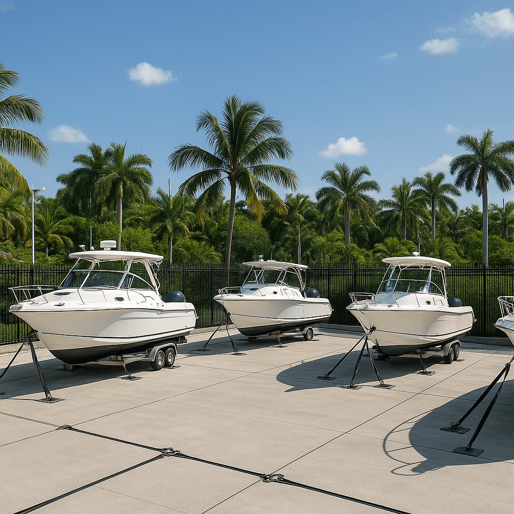 Boats securely stored inland in a gated Riviera Beach facility during hurricane season, with wide spacing and strong perimeter fencing.