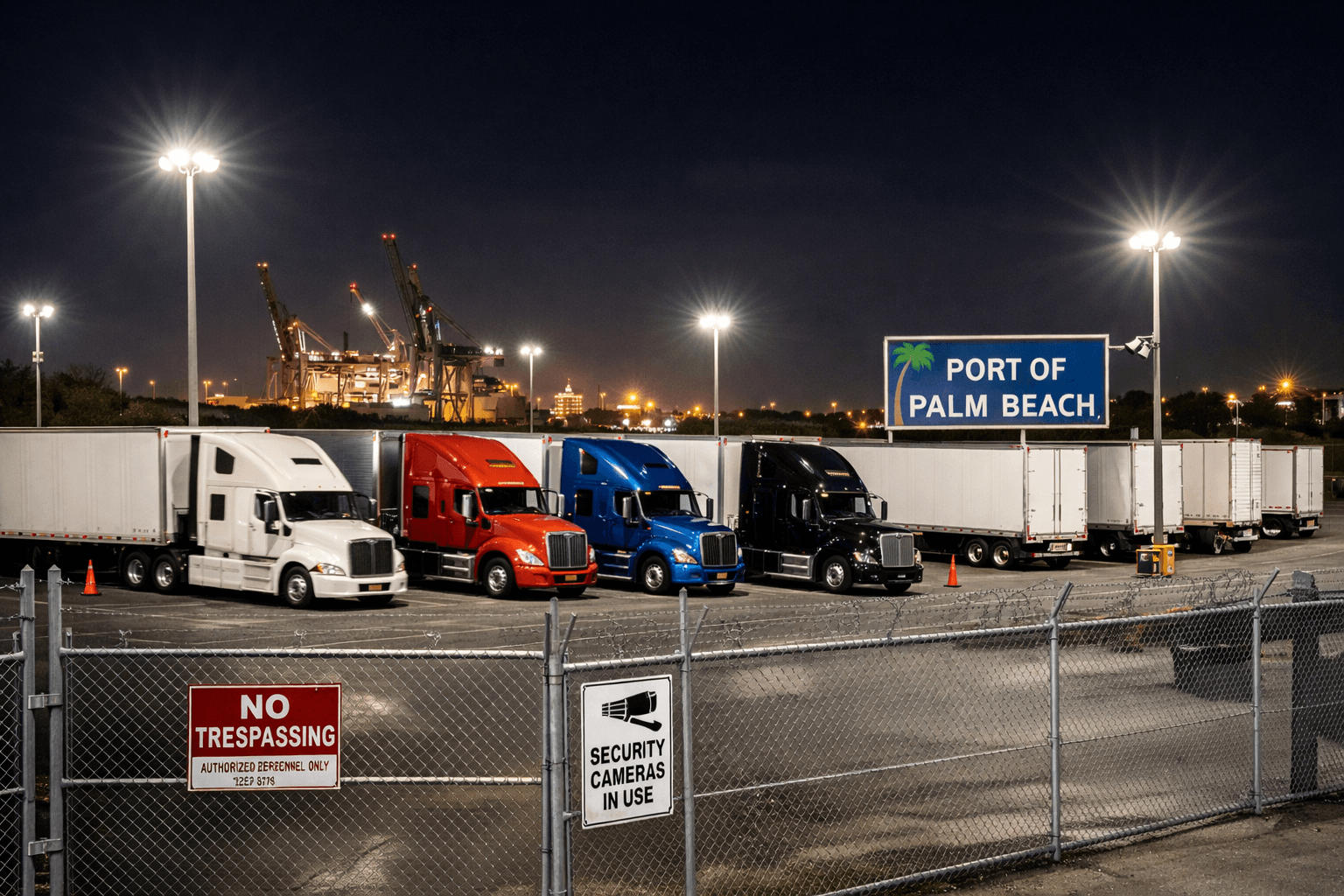 Semi-trucks and trailers parked securely in a fenced, well-lit commercial storage lot near the Port of Palm Beach