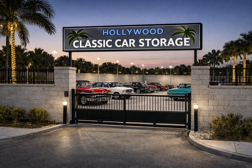 Gated classic car storage facility in Hollywood, Florida with vintage vehicles parked securely behind a concrete block wall