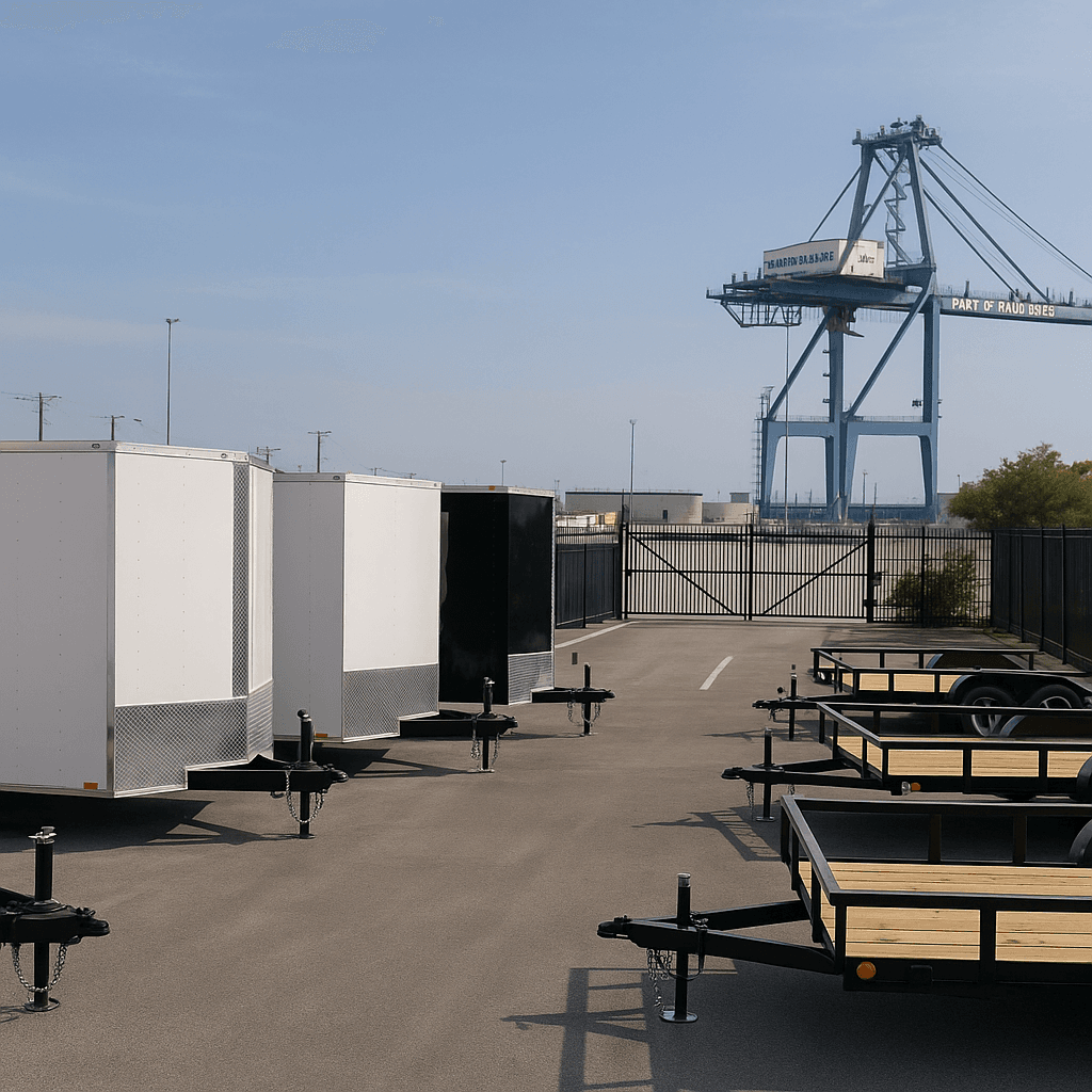 A row of commercial trailers and work trailers parked in a secure, paved facility with clear aisles, gated entrance, and the Port of Palm Beach visible in the distance.