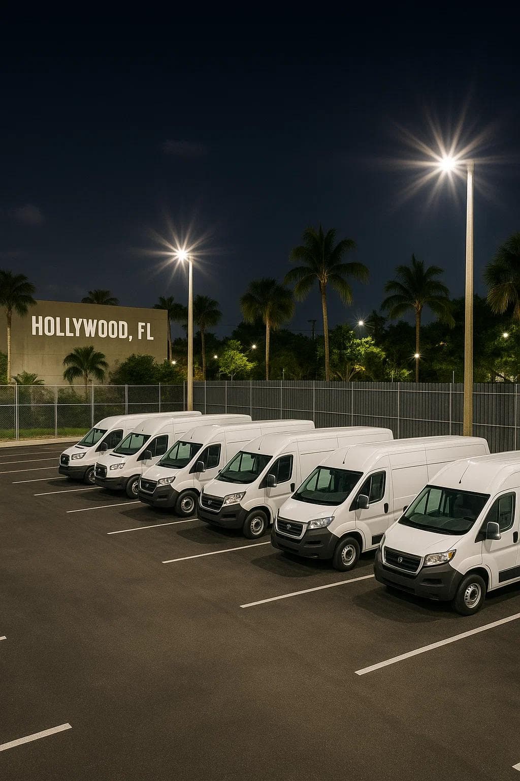 A secure, well-lit parking lot in Hollywood, FL with multiple cargo vans neatly lined up, ready for delivery drivers to start their routes.