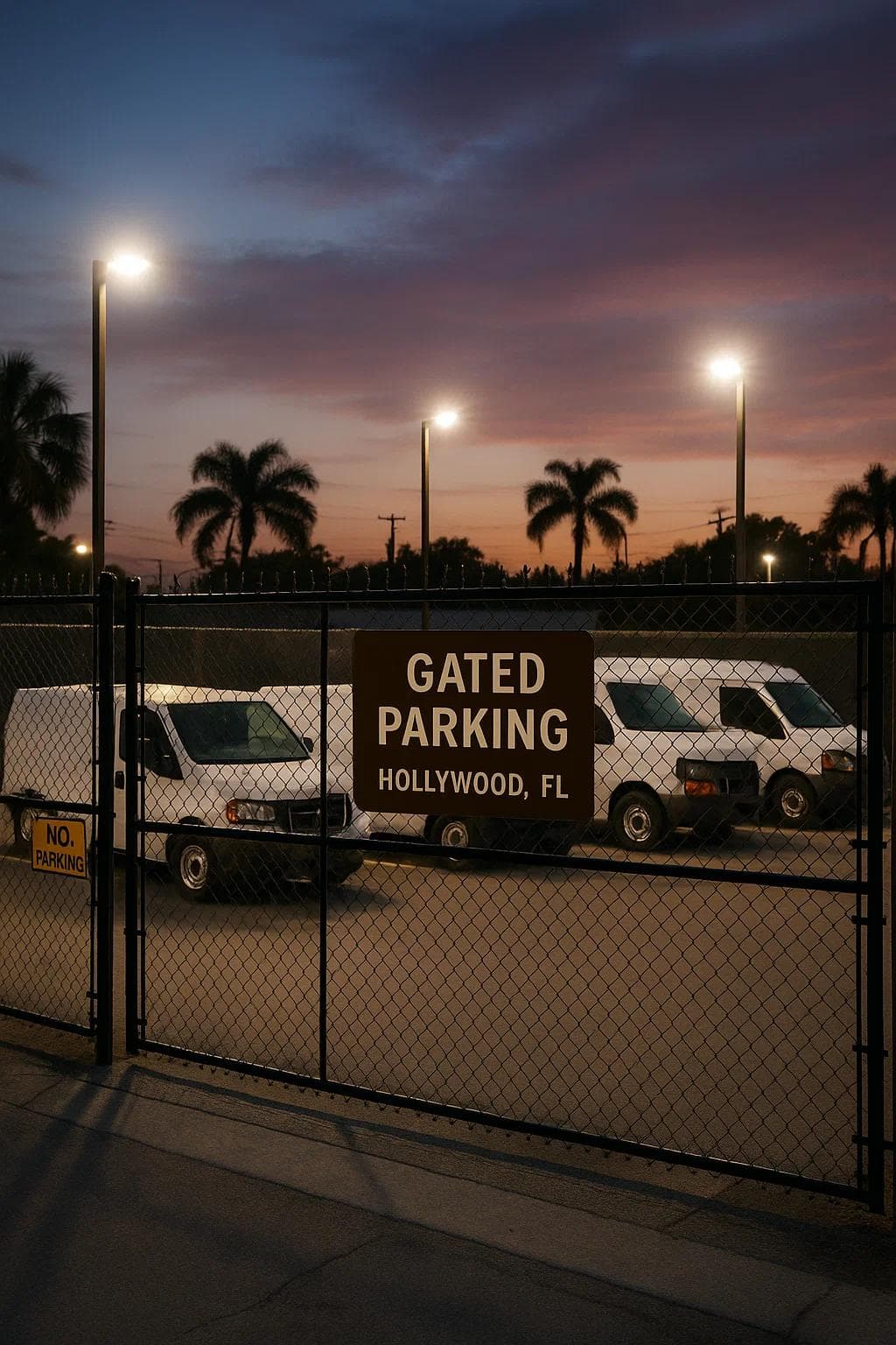 Gated parking facility in Hollywood, FL with secured work vans and bright lighting at dusk.