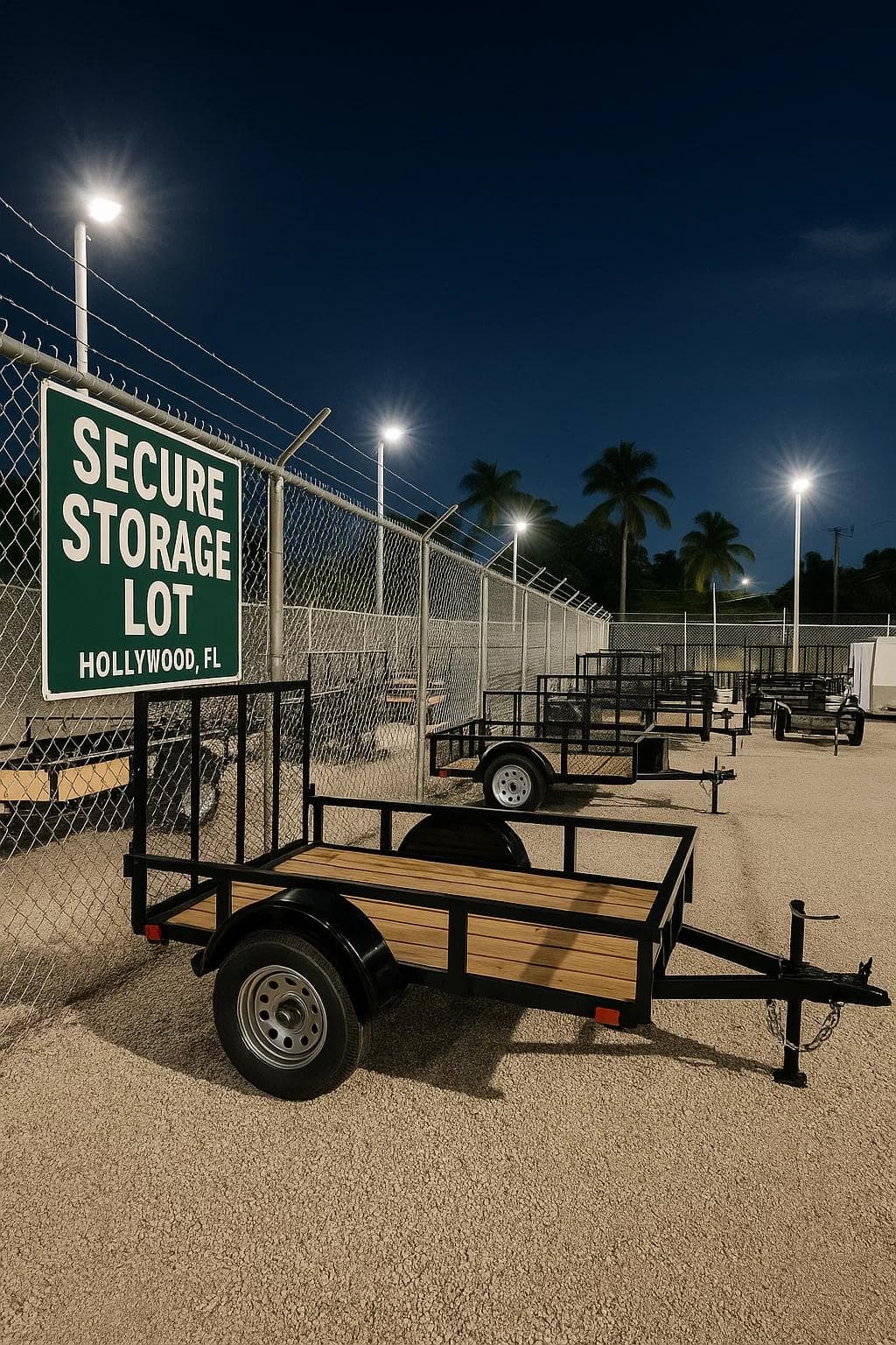 Secure outdoor storage lot in Hollywood, FL with utility trailers parked in well-lit, fenced spaces