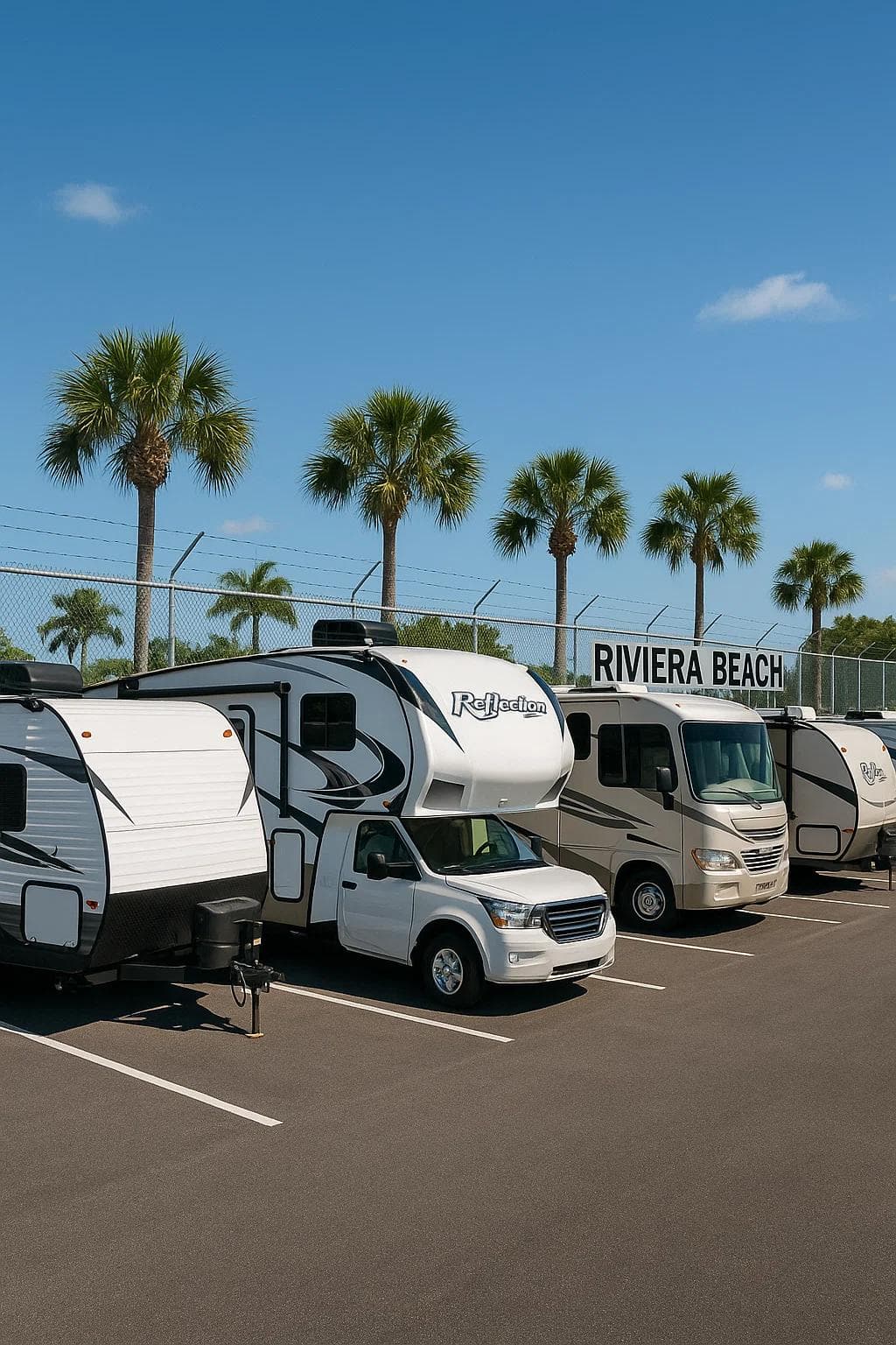 A secure outdoor storage facility in Riviera Beach with neatly parked travel trailers and RVs under clear Florida skies.