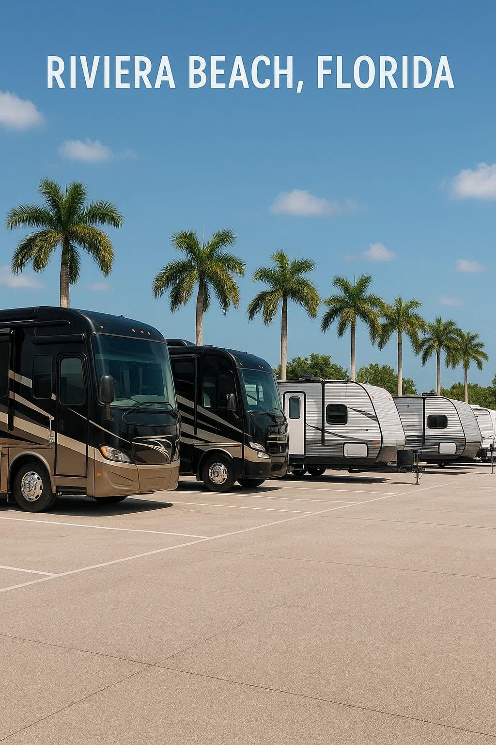 A spacious RV parking lot in Riviera Beach, Florida, with Class A motorhomes and travel trailers neatly lined up.
