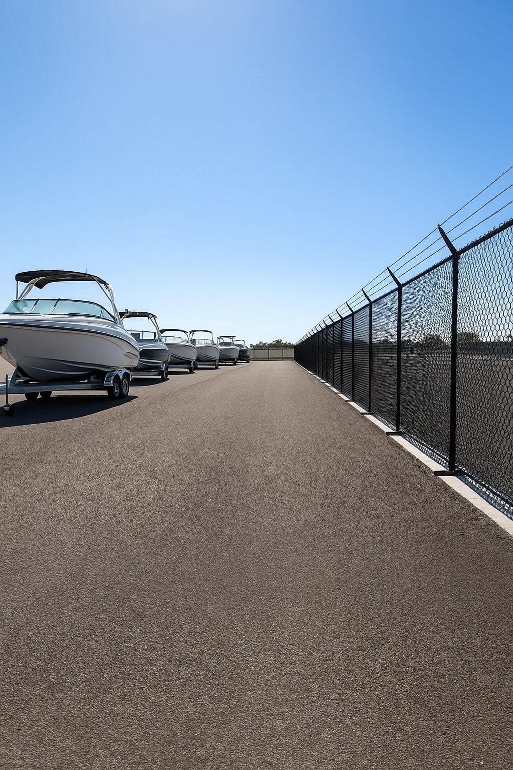 A secure inland boat storage facility in Riviera Beach with neatly spaced boats, sturdy fencing, and wide access lanes under clear skies.