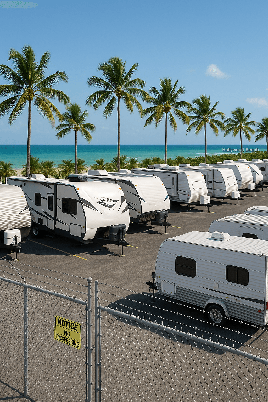 A secure RV storage lot in Hollywood, Florida, with palm trees and Hollywood Beach in the background. Tags: