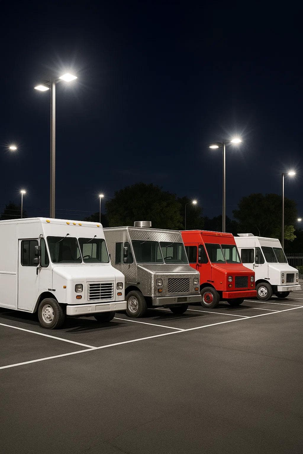 A secure, well-lit commercial parking lot in Hollywood, FL with step vans and food trucks neatly parked.