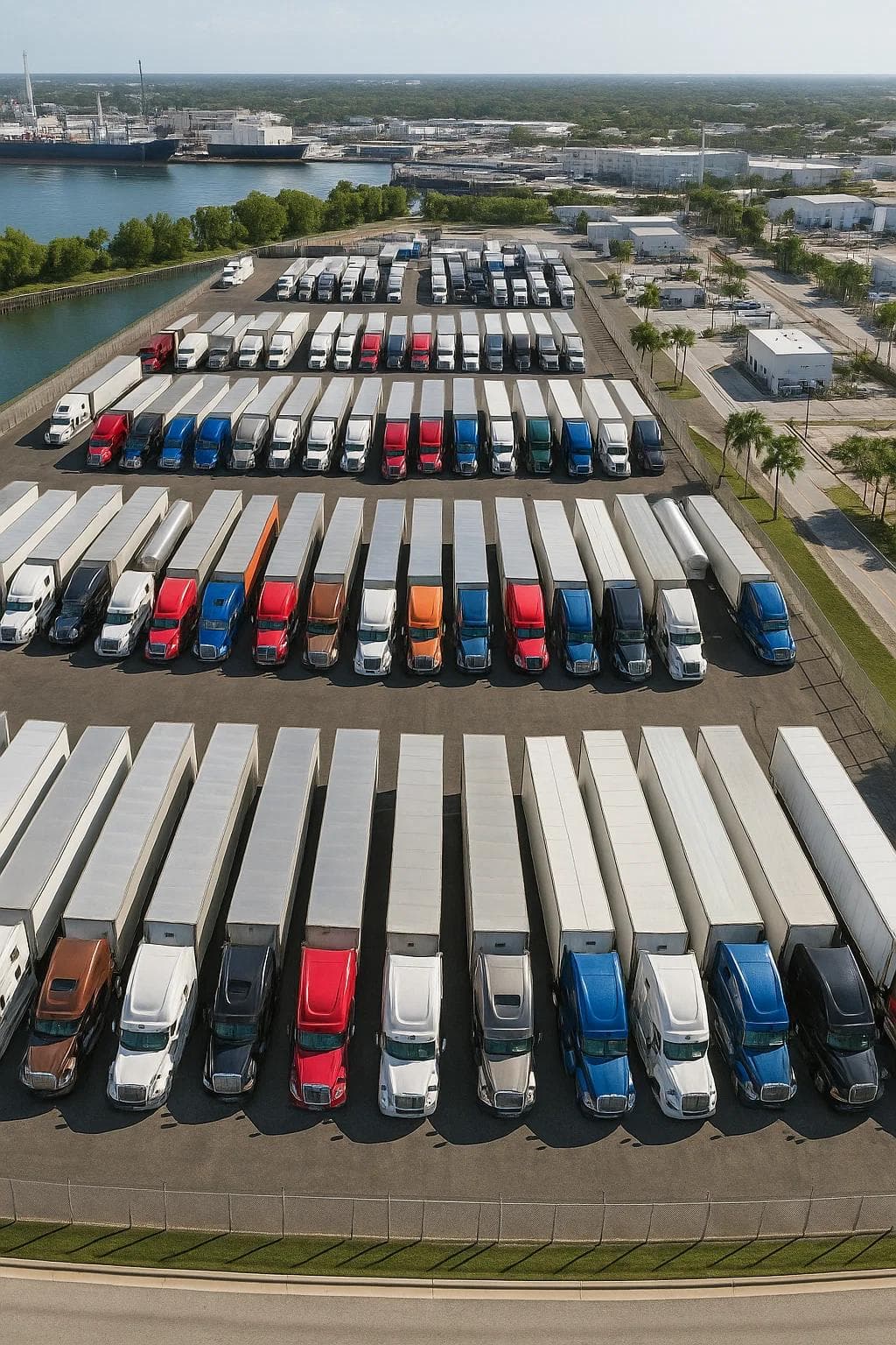 Aerial view of a secure truck parking facility near Port of Palm Beach with semi-trucks neatly parked.