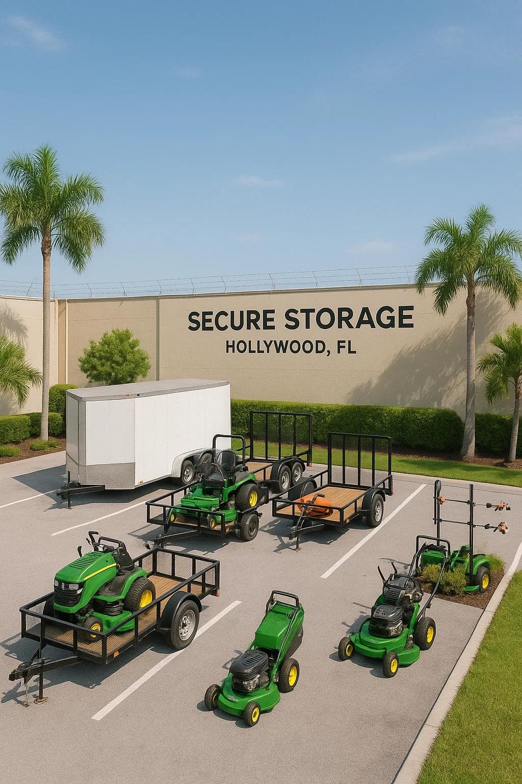 A secure storage facility in Hollywood, FL with landscaping trailers and lawn care equipment parked in organized spaces.