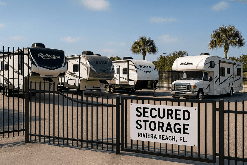 Snowbird RVs parked securely at a gated storage facility in Riviera Beach, Florida.