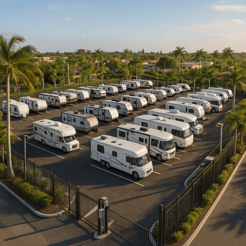 A secure outdoor RV storage facility in Hollywood, FL with paved parking spaces, gated entry, and palm trees in the background. Tags: